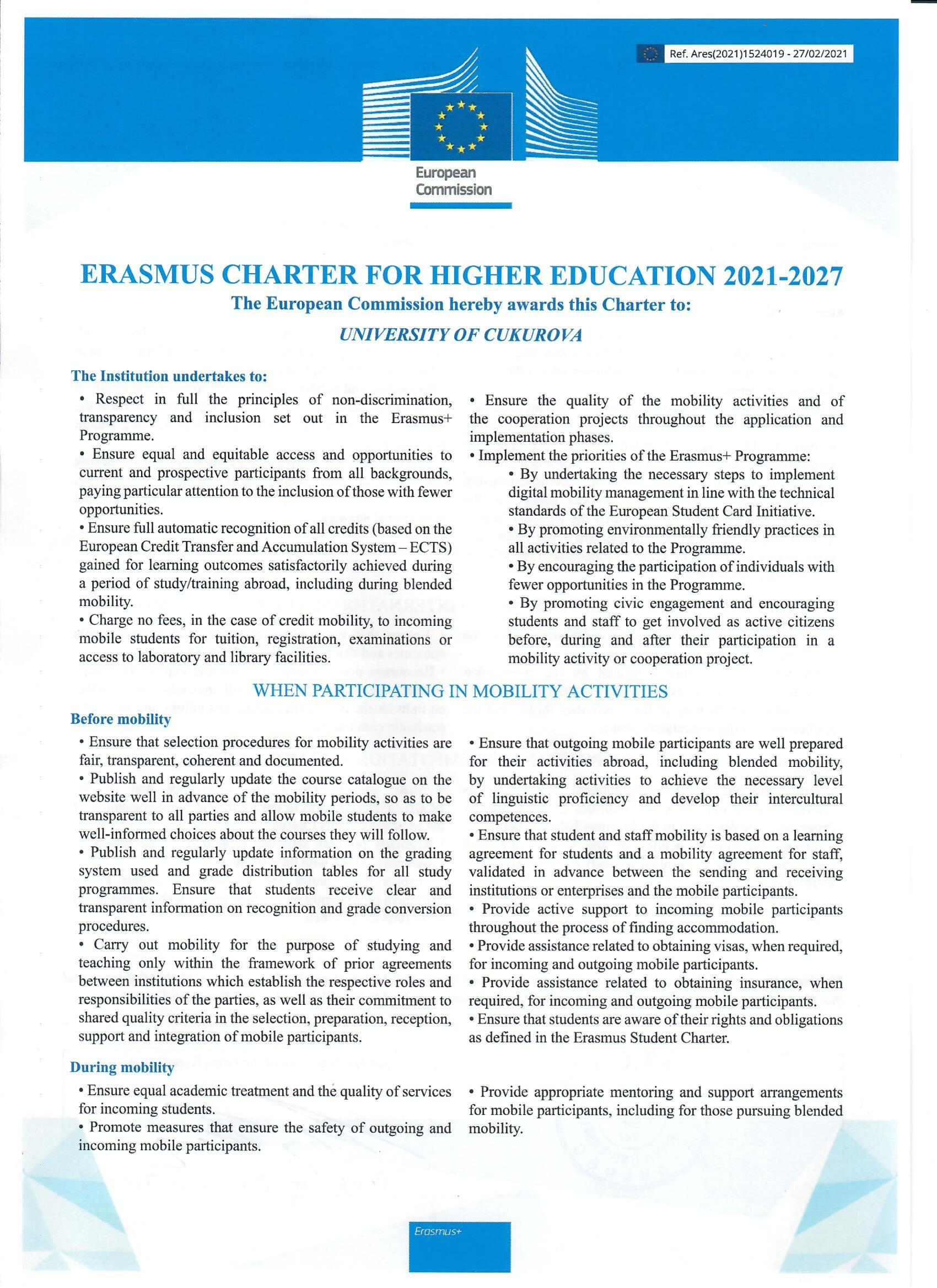 Üniversitemizin Yüksek Öğrenim için Erasmus Beyannamesi (ECHE) Onaylandı.